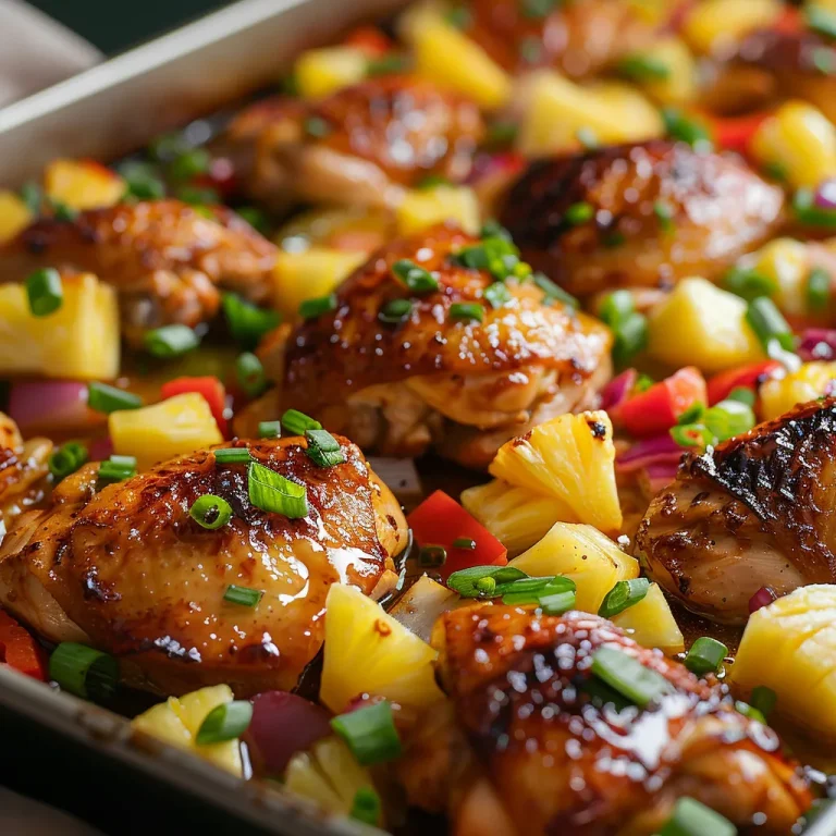 A close-up shot of a Hawaiian Chicken Sheet Pan Dinner featuring chicken thighs, pineapple, bell peppers, and onions.