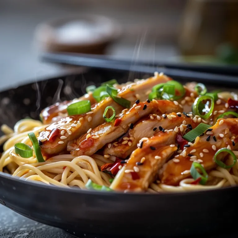 Close-up of Sticky Garlic Chicken Noodles with shiny sauce and garnished with green onions.