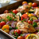 Close-up of a sheet pan filled with Greek chicken thighs and colorful roasted vegetables, garnished with parsley.