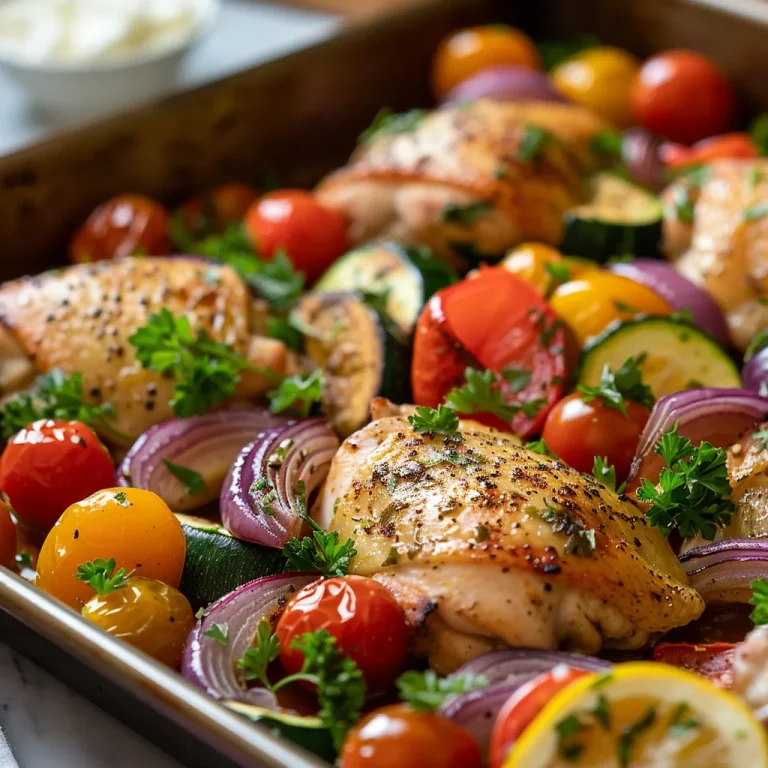 Close-up of a sheet pan filled with Greek chicken thighs and colorful roasted vegetables, garnished with parsley.
