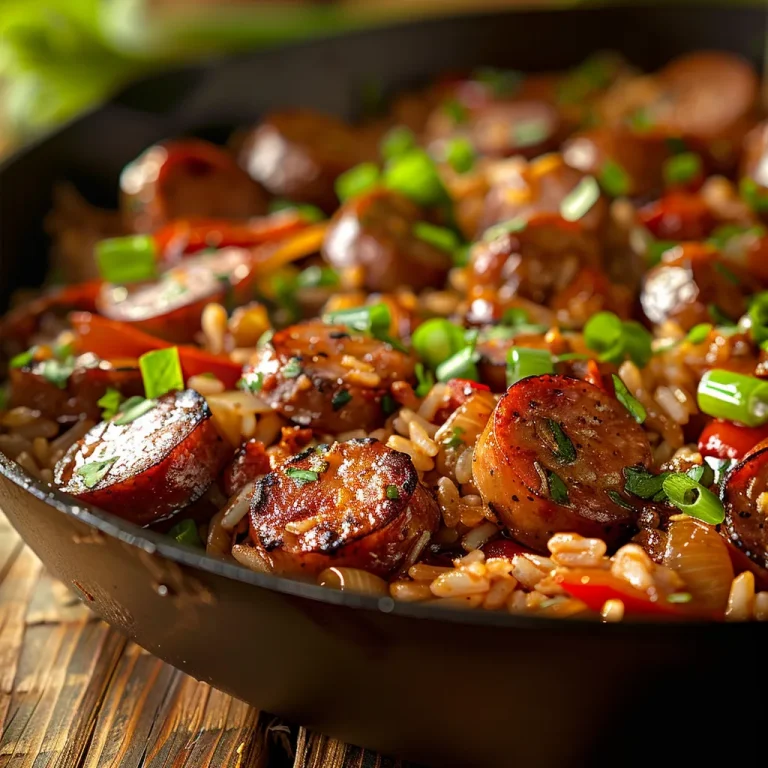 Close-up of a Cajun Sausage and Rice Skillet with sliced sausage and colorful vegetables.
