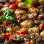 A close-up of a vibrant sheet pan filled with gnocchi, sausage, and colorful vegetables.