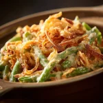 A close-up view of a creamy green bean casserole in a slow cooker, featuring golden crispy fried onions on top.