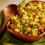 Close-up of Classic Cornbread Stuffing with herbs, showcasing texture and color.