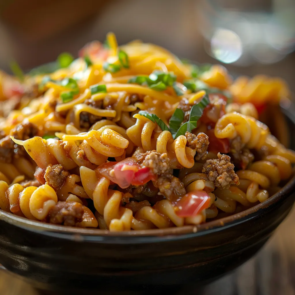 A delicious serving of Cheesy Taco Pasta highlighted with creamy sauce and topped with cheese.