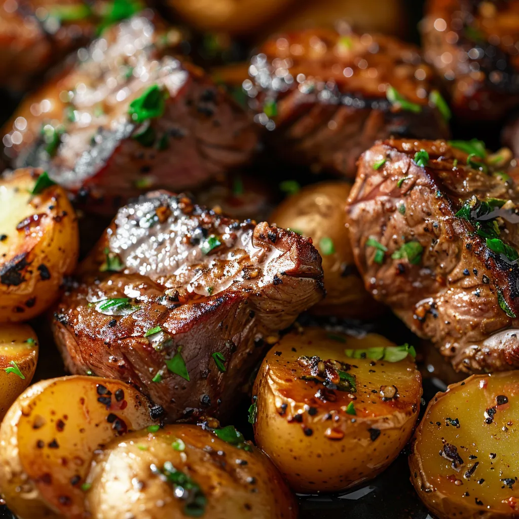 A delectable serving of steak bites sautéed in garlic butter with golden baby potatoes, captured in warm natural light.