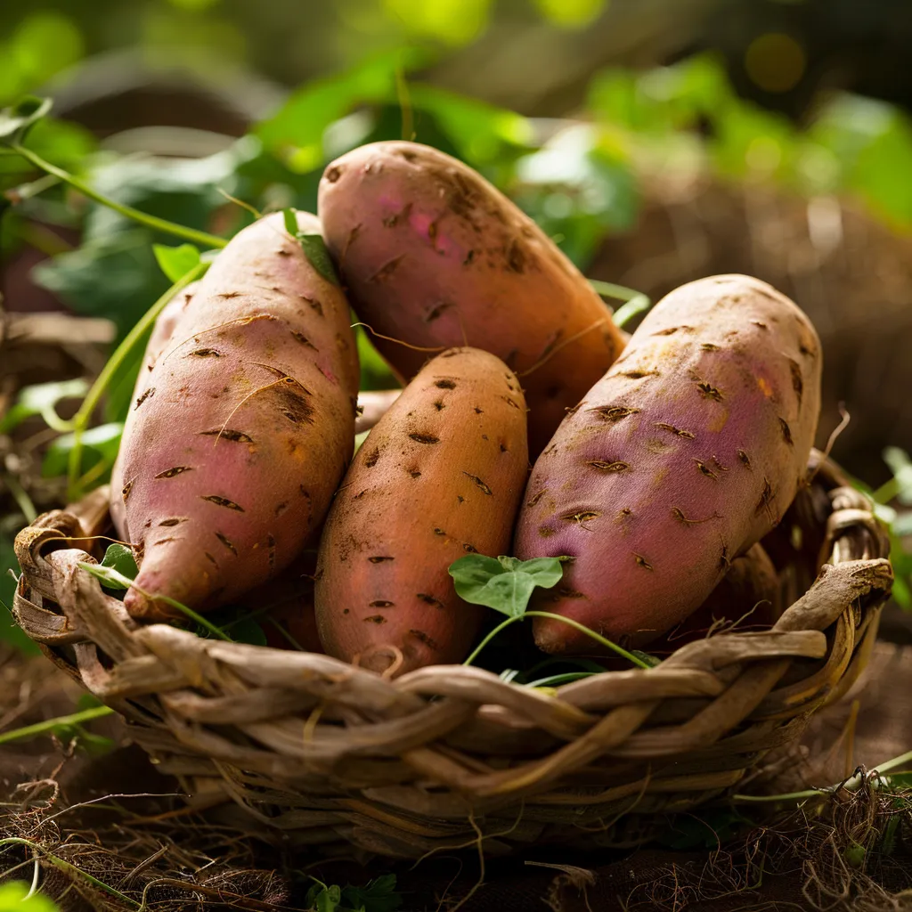 A detailed shot of young sweet potato slips among rich compost, highlighted by soft natural light.