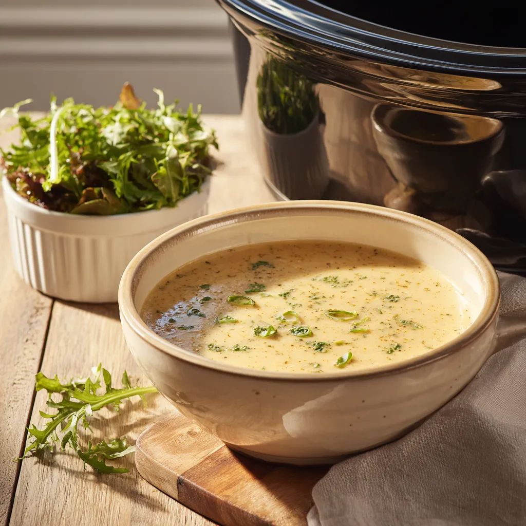 A cozy dish of Easy Crock Pot Mac and Cheese with a golden cheese topping, set against a soft, blurred background.