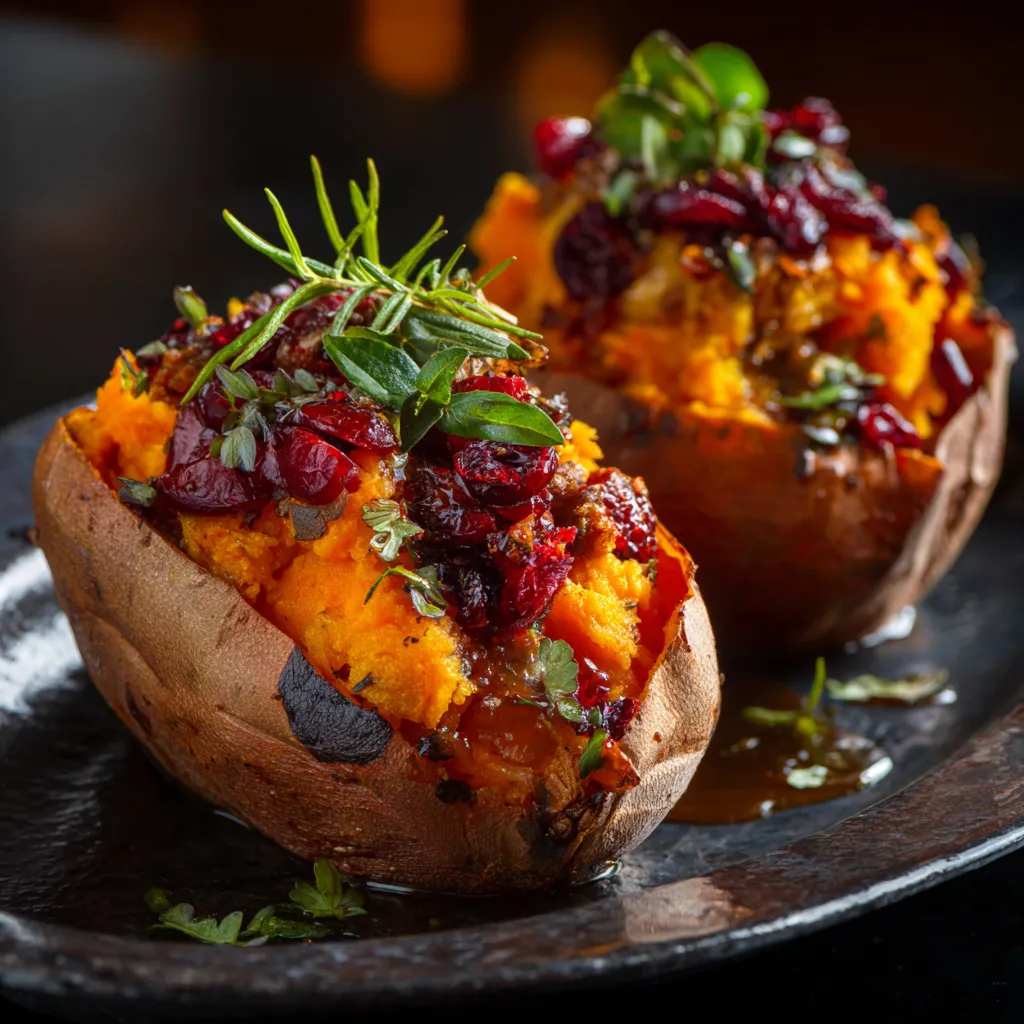Delicious baked sweet potatoes filled with cranberry and apple mixture.