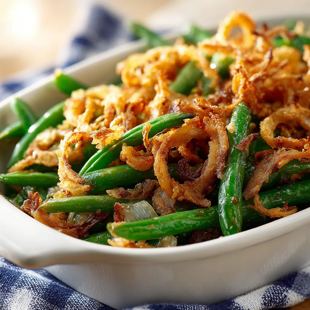 Delicious green bean casserole in a dish, showcasing its texture and layers.