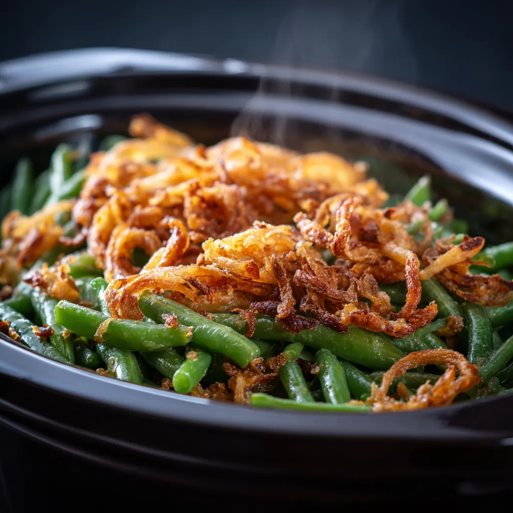 Delicious green bean casserole in a crockpot, featuring melted cheese and a golden onion topping.