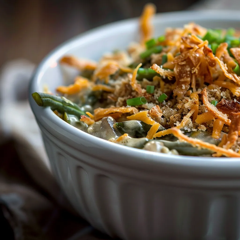 A delicious, creamy green bean casserole in a crockpot, with melted cheddar cheese and a sprinkle of fried onions.