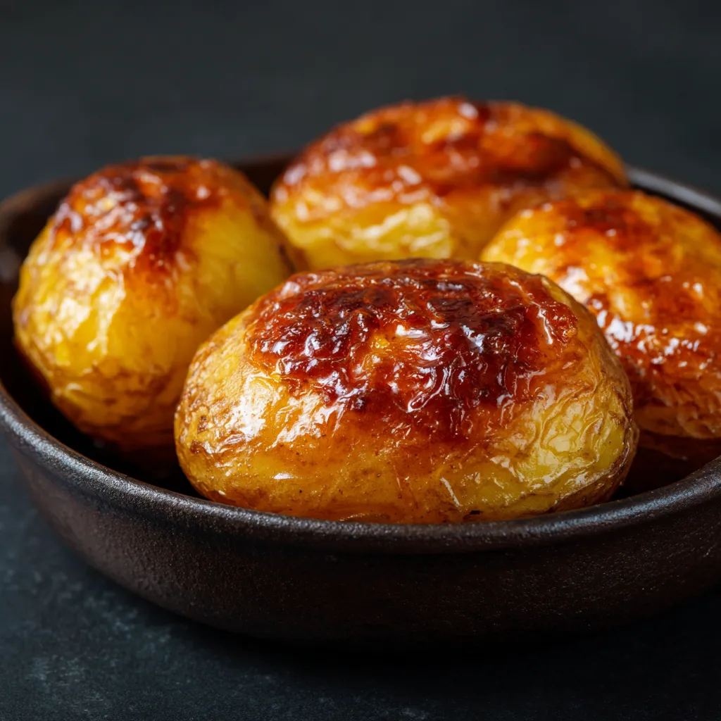 Warm, caramelized sweet potatoes on a plate, shining with honey and cinnamon spices.