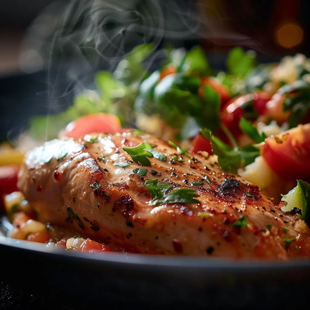 An appetizing meal displayed on a rustic table, showcasing fresh ingredients in vibrant colors, captured in warm natural light.