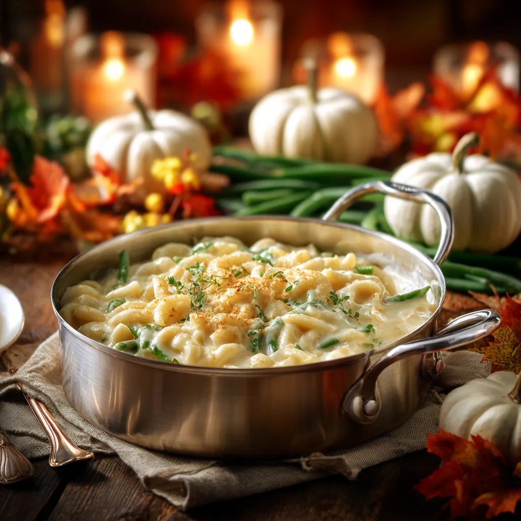 A delicious green bean casserole served in a rustic dish, featuring a creamy texture and topped with crispy onions.