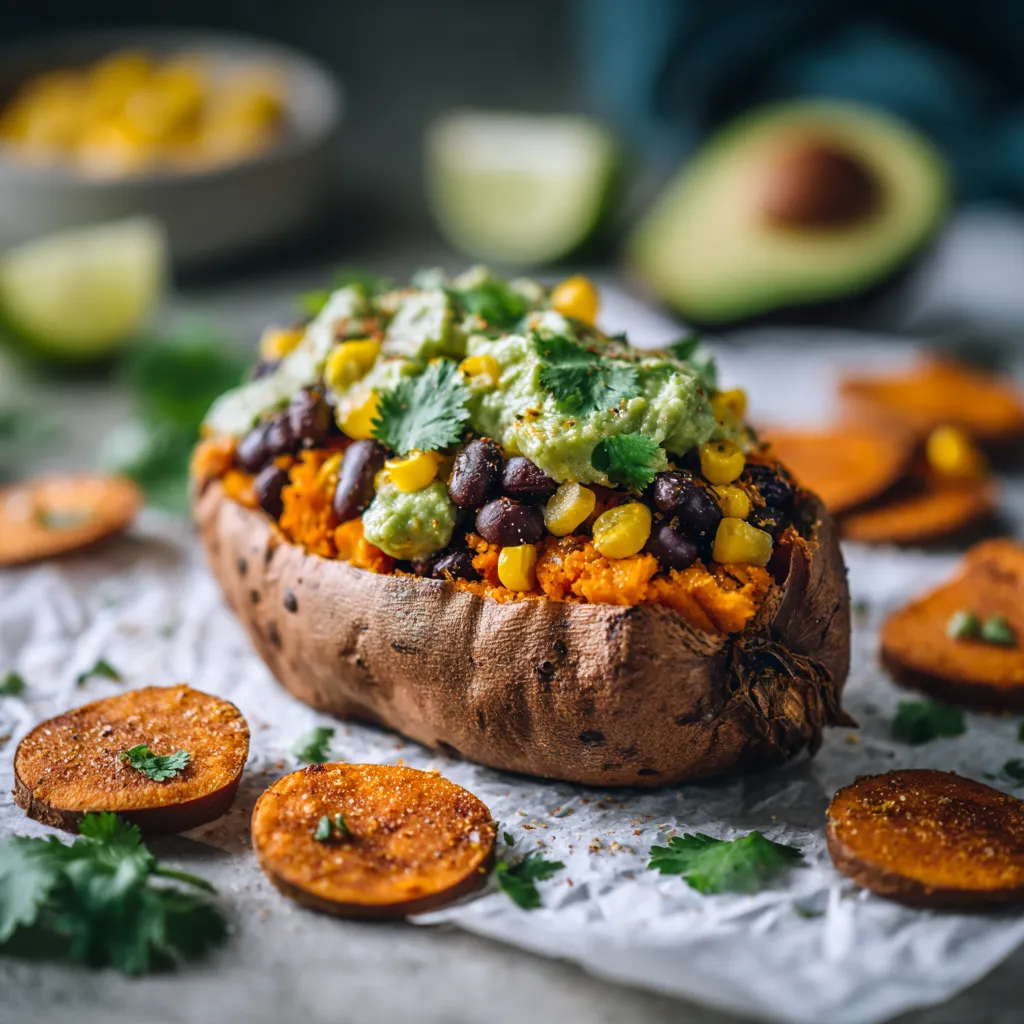 A delicious stuffed sweet potato showcasing vibrant colors and textures, garnished with avocado and lime wedges.