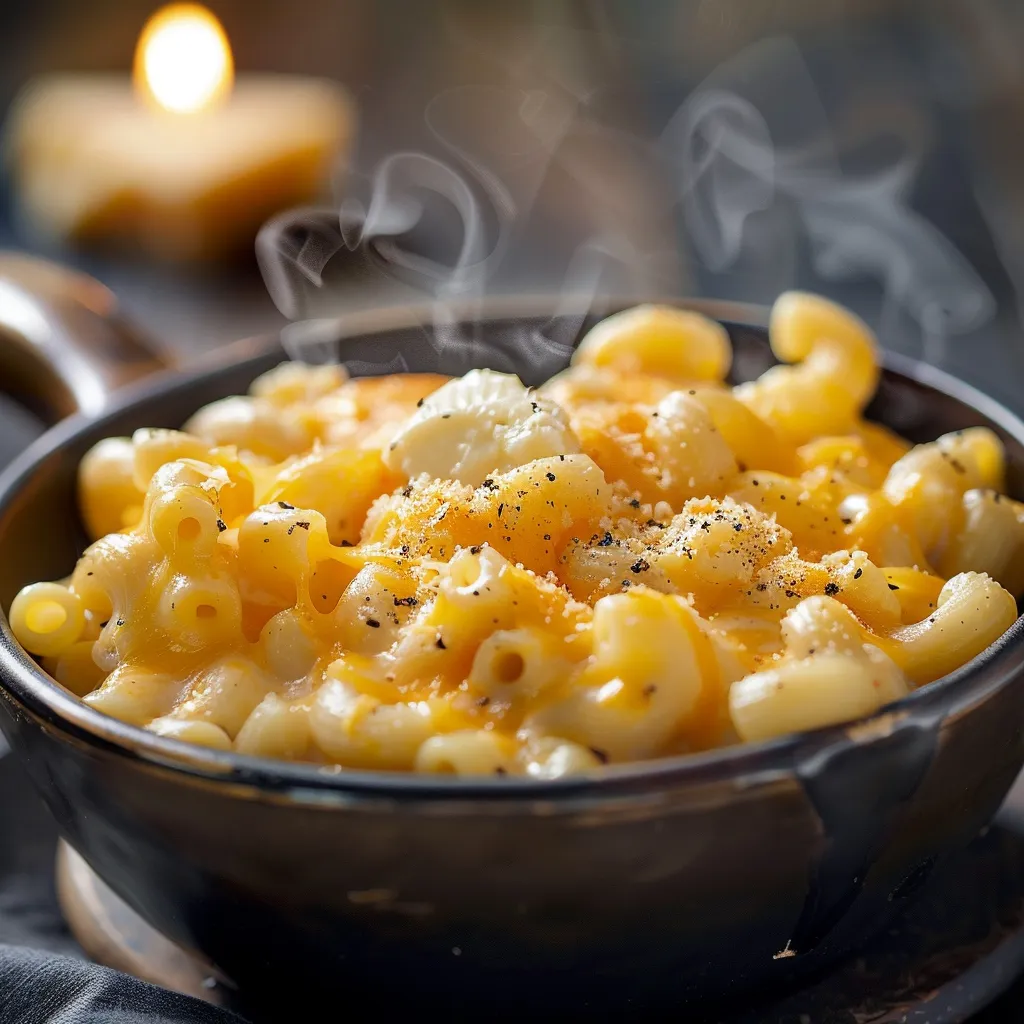 A bowl of cheesy elbow macaroni with a rustic background, showcasing its rich texture.