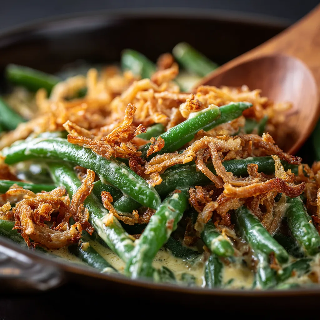 A warm serving of green bean casserole with melted cheese and crispy toppings, shot from eye level.