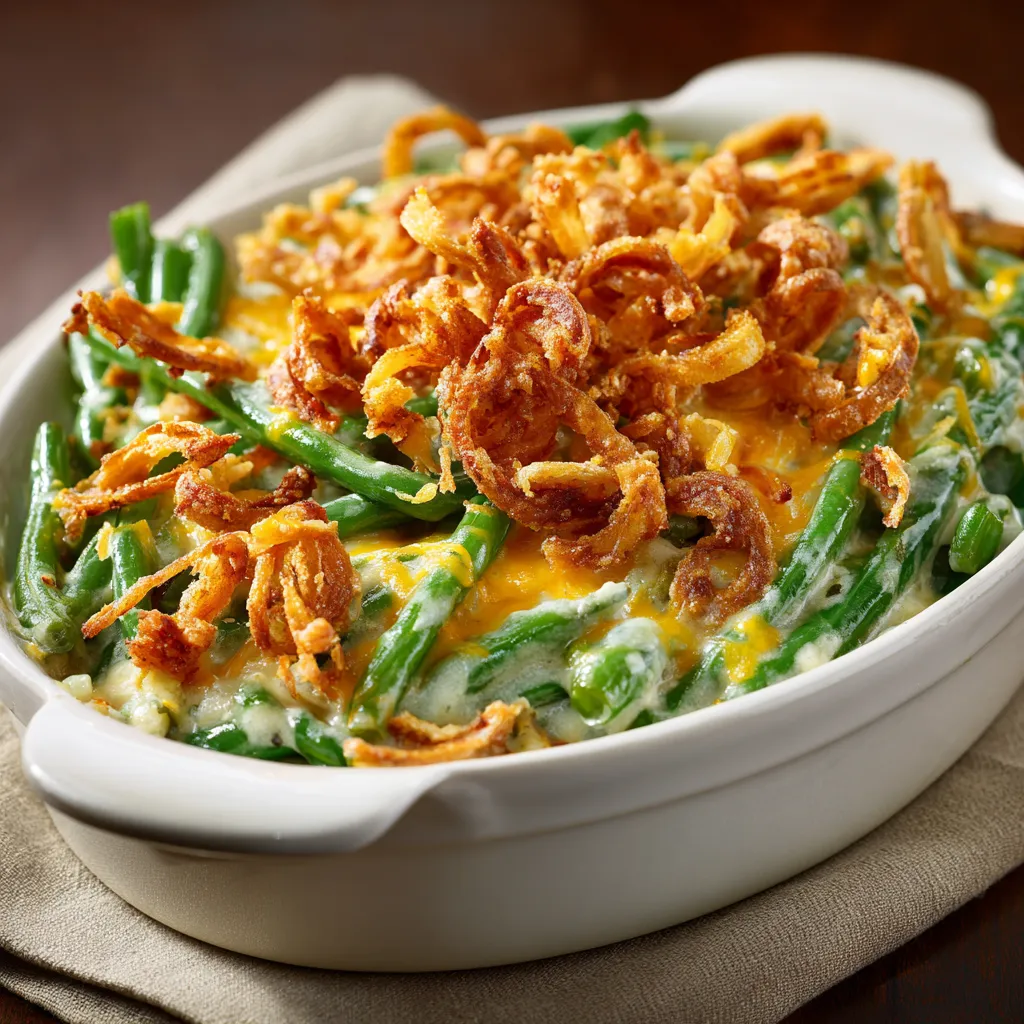 Delicious Campbell's Green Bean Casserole with a creamy texture and crispy topping, photographed in warm natural light.