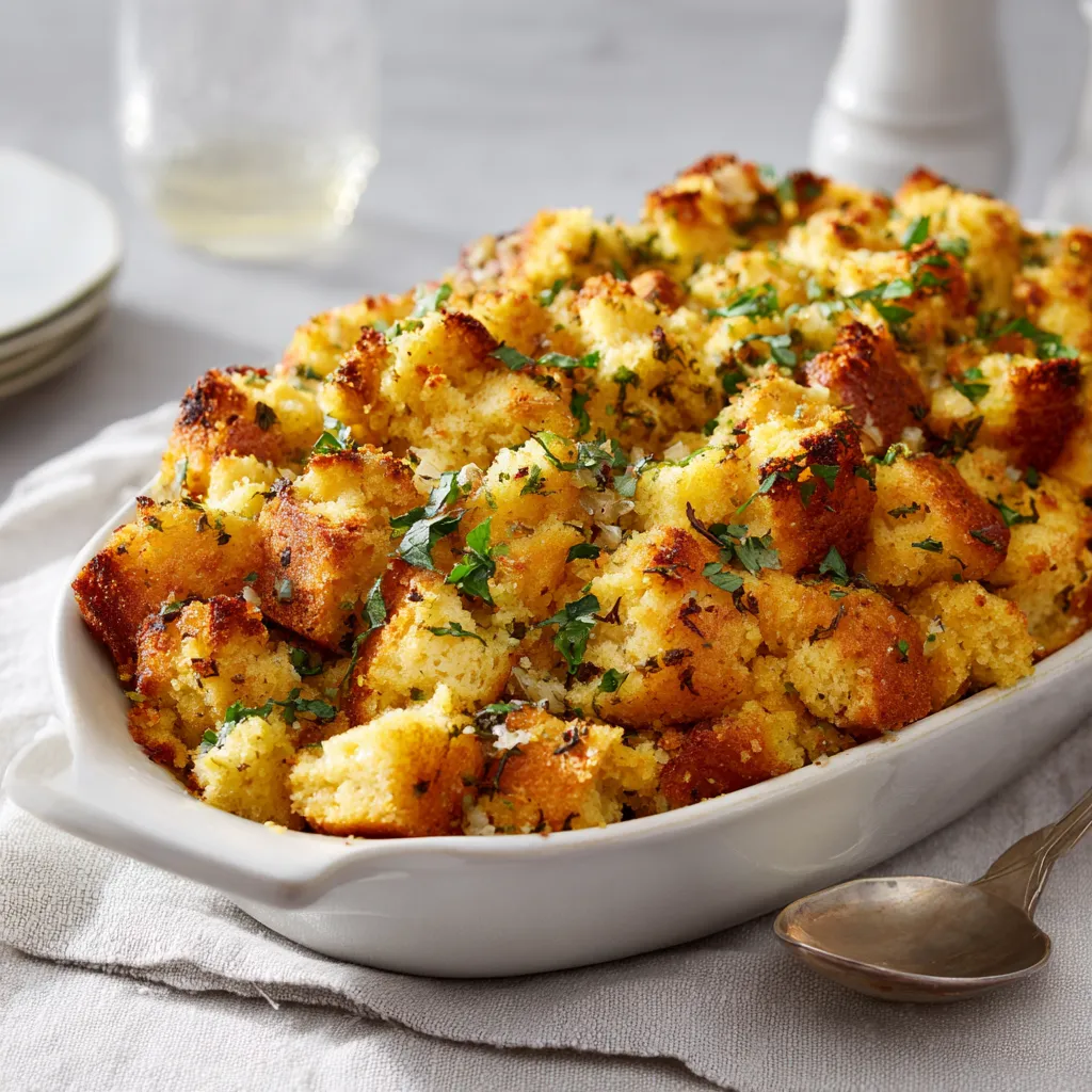 A warm serving of Paula Deen Cornbread Stuffing, highlighting texture and ingredients.