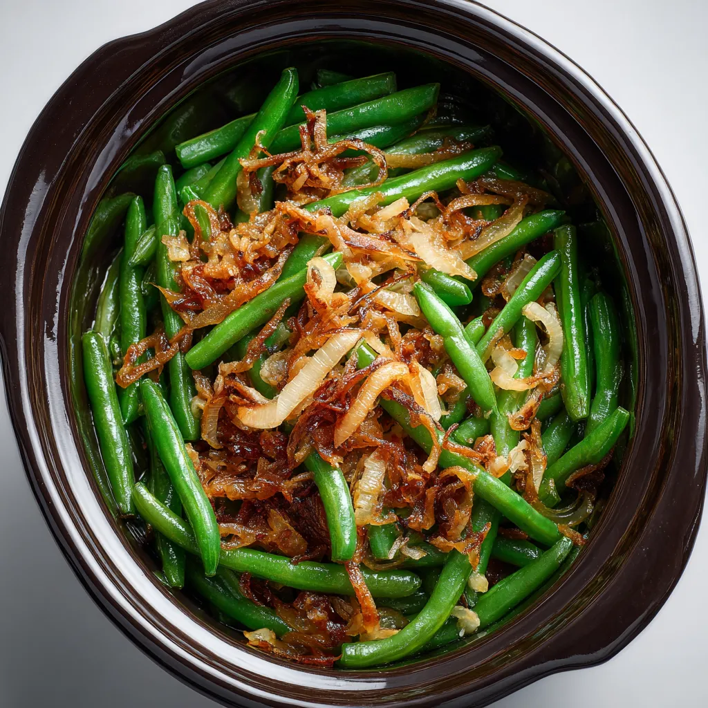Delicious Crockpot Green Bean Casserole in a bowl, showcasing layers of green beans, cream of mushroom soup, and melted cheddar cheese.
