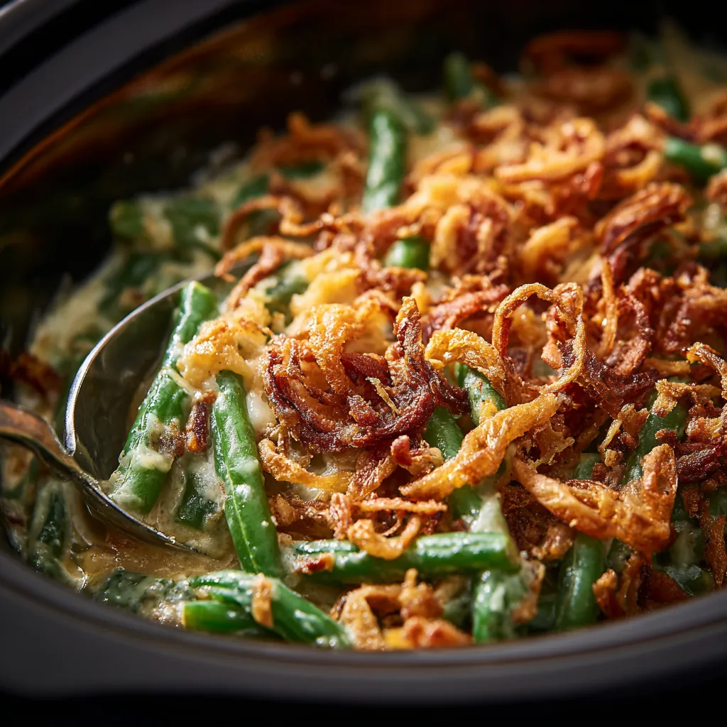 A delicious slow cooker green bean casserole in warm lighting, showcasing its texture.