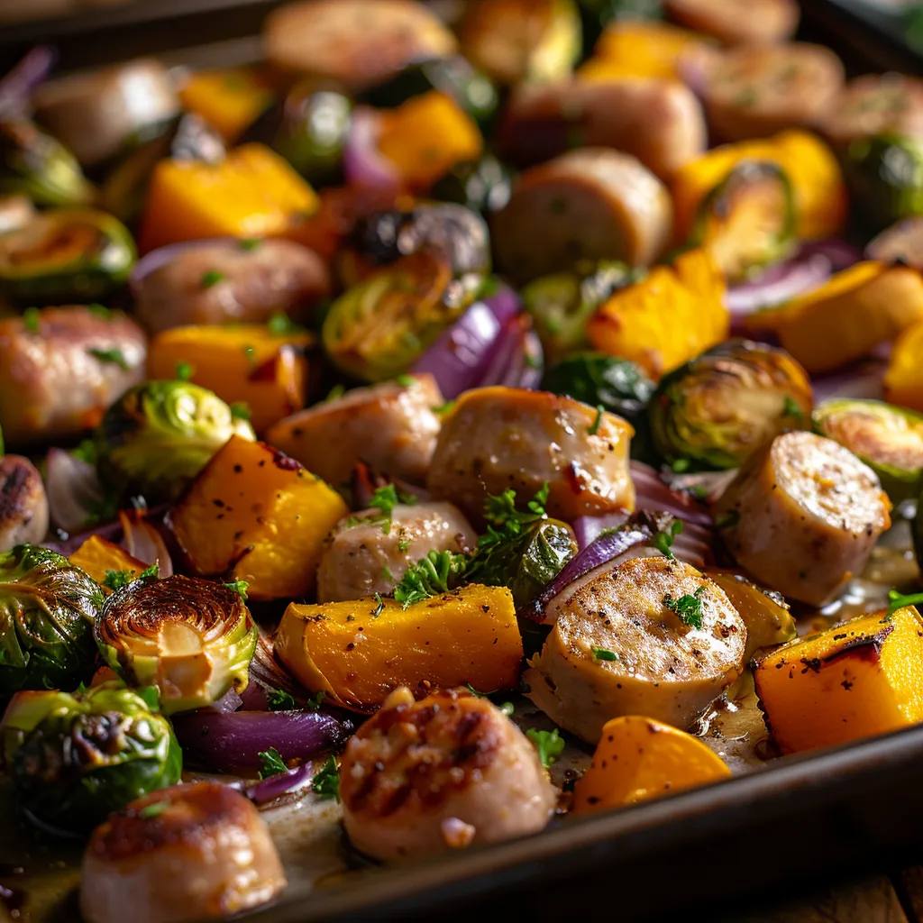 An overhead view of a colorful harvest sheet pan dinner featuring sliced chicken sausage and various vegetables.
