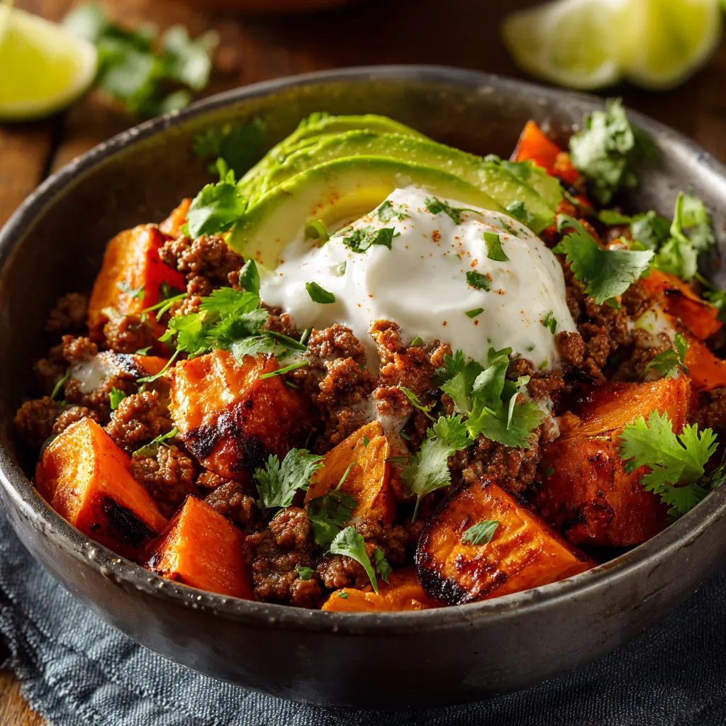 A vibrant Sweet Potato Taco Bowl filled with quinoa, black beans, and corn, illuminated by natural light.
