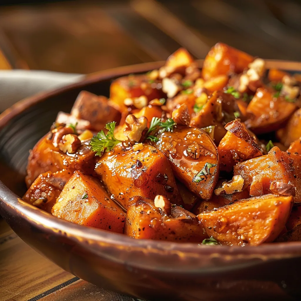 Delicious sweet potato cubes topped with walnuts, captured in warm natural light.