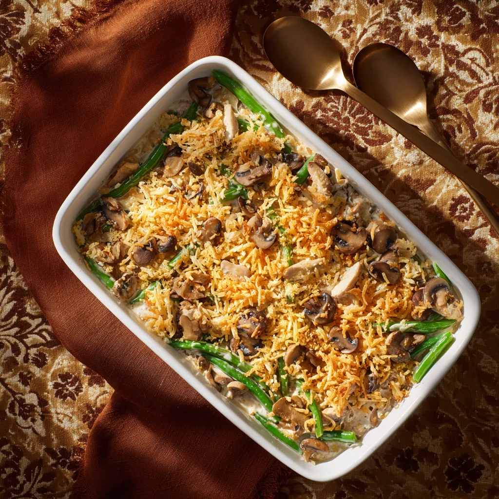 Delicious green bean casserole in a white dish, showcasing its rich texture and golden topping.
