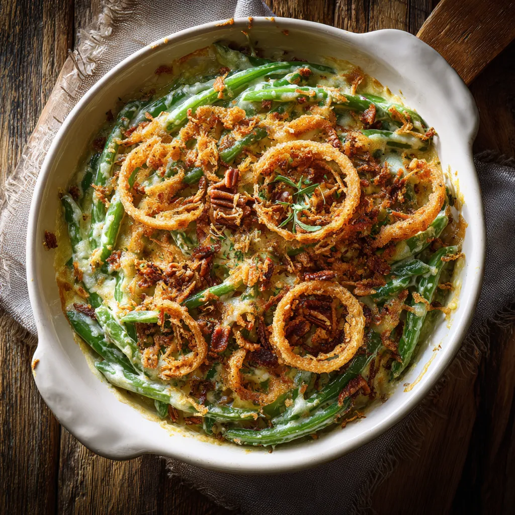Eye-level shot of creamy green bean casserole, showcasing fresh green beans and a golden crust.