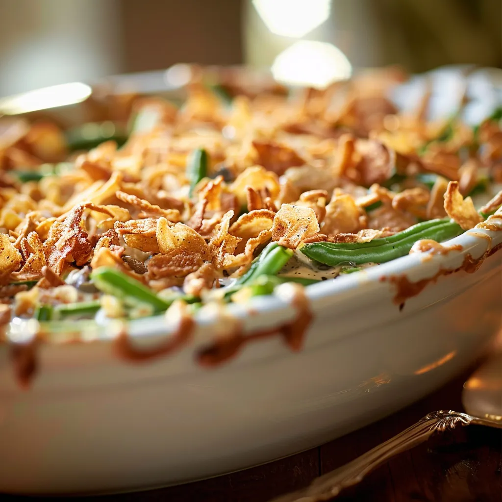Detailed view of a baked green bean casserole showing its rich texture and golden crust.