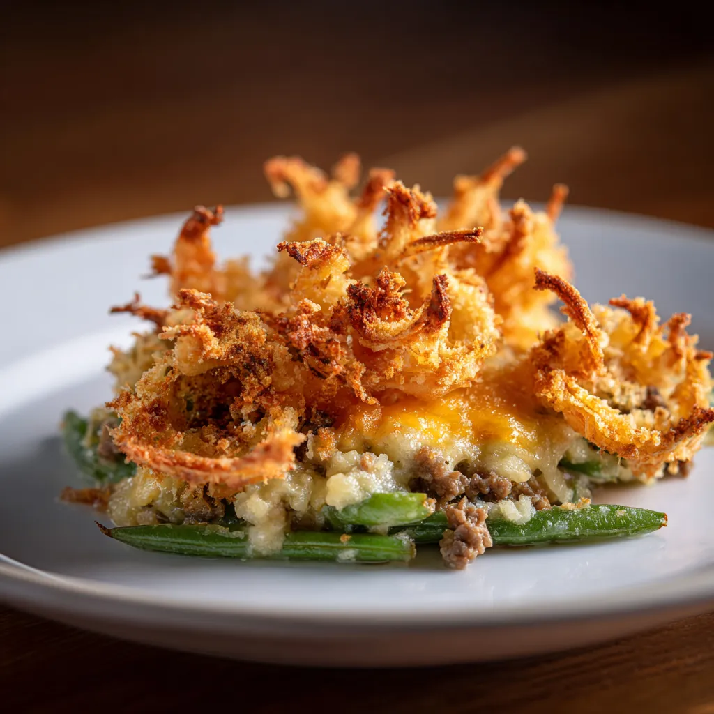 Delicious Hamburger Green Bean Casserole in a baking dish with rich, creamy texture.