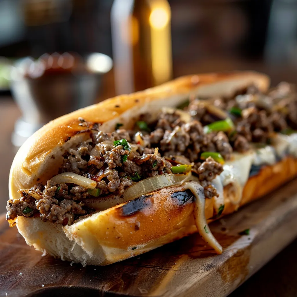 Eye-level shot of a hearty Ground Beef Philly Cheesesteak, showcasing the meat and vegetables inside a hoagie roll.