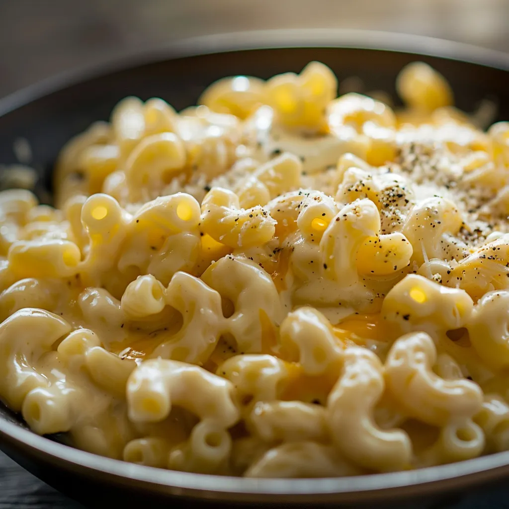 Close-up of crockpot mac and cheese with a golden, cheesy top and creamy texture.