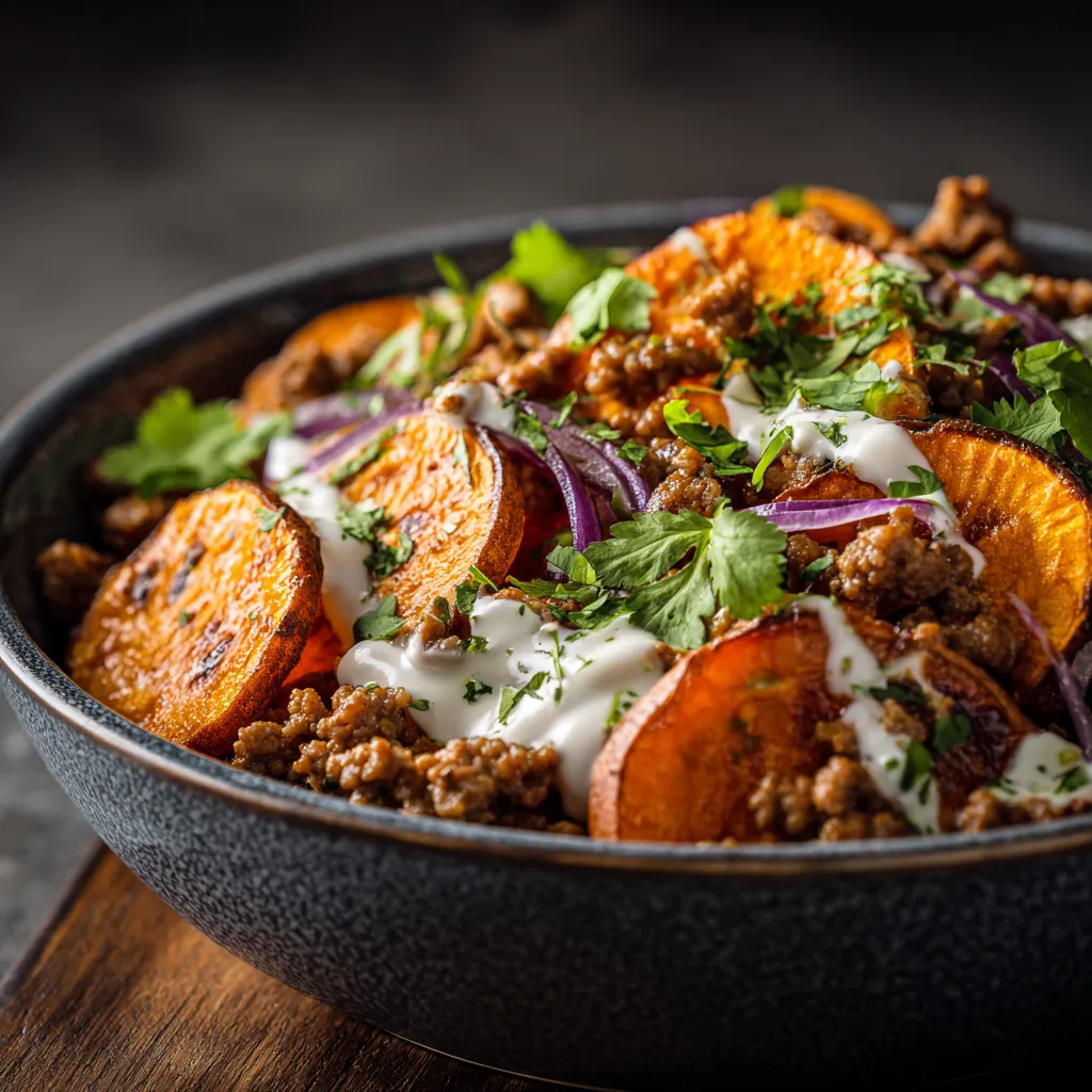 Close-up view of a colorful Sweet Potato Taco Bowl with fresh toppings and a sprinkle of cilantro, surrounded by soft shadows.