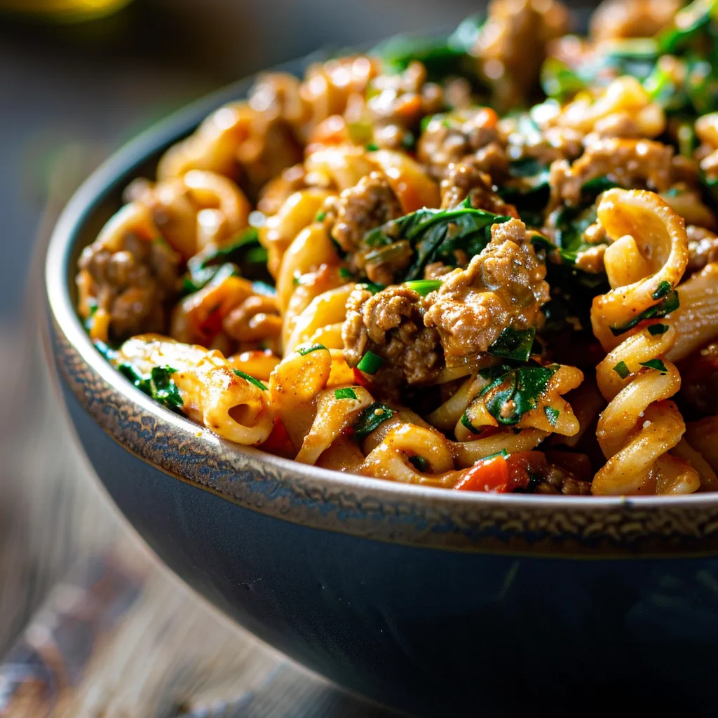 Delicious high-protein creamy beef pasta with a rich texture, garlic, and herbs in a cozy setting.