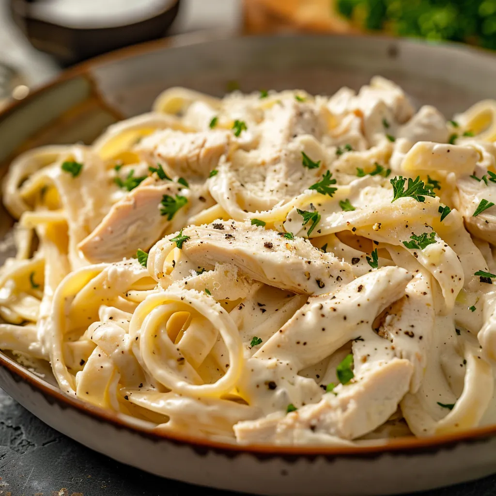 Delicious fettuccine Alfredo topped with sliced chicken, served in a bowl with a blurred background.