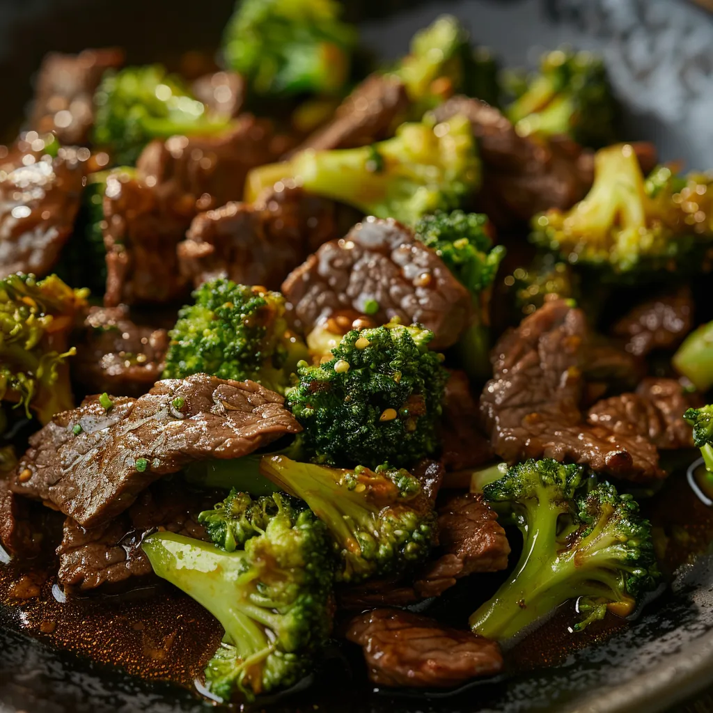 A delicious plate of beef and broccoli stir-fry, showcasing glossy sauce and perfectly cooked vegetables.