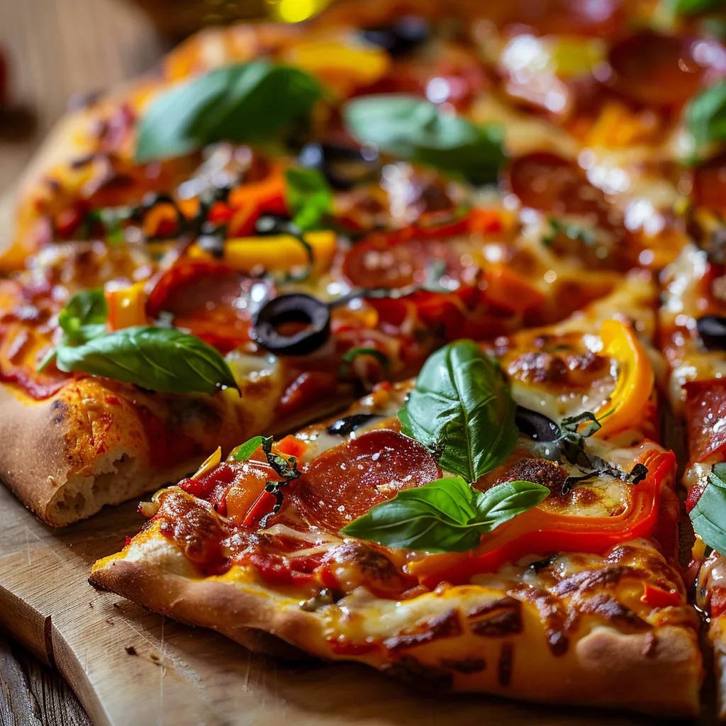 Delicious homemade pizza with melted cheese and colorful toppings, shot at eye level.