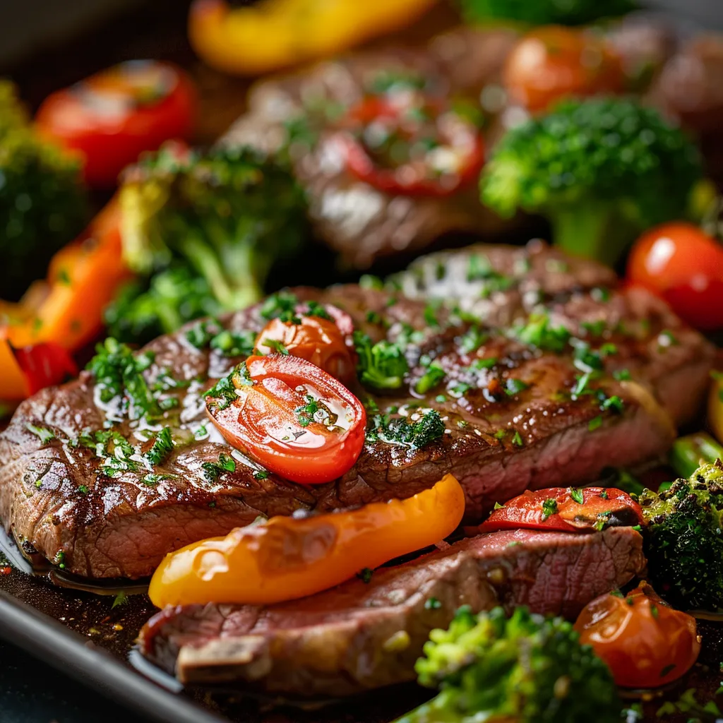 A vibrant, detailed shot of sheet pan steak and mixed vegetables, showcasing the juicy meat alongside fresh broccoli, bell pepper, and tomatoes.