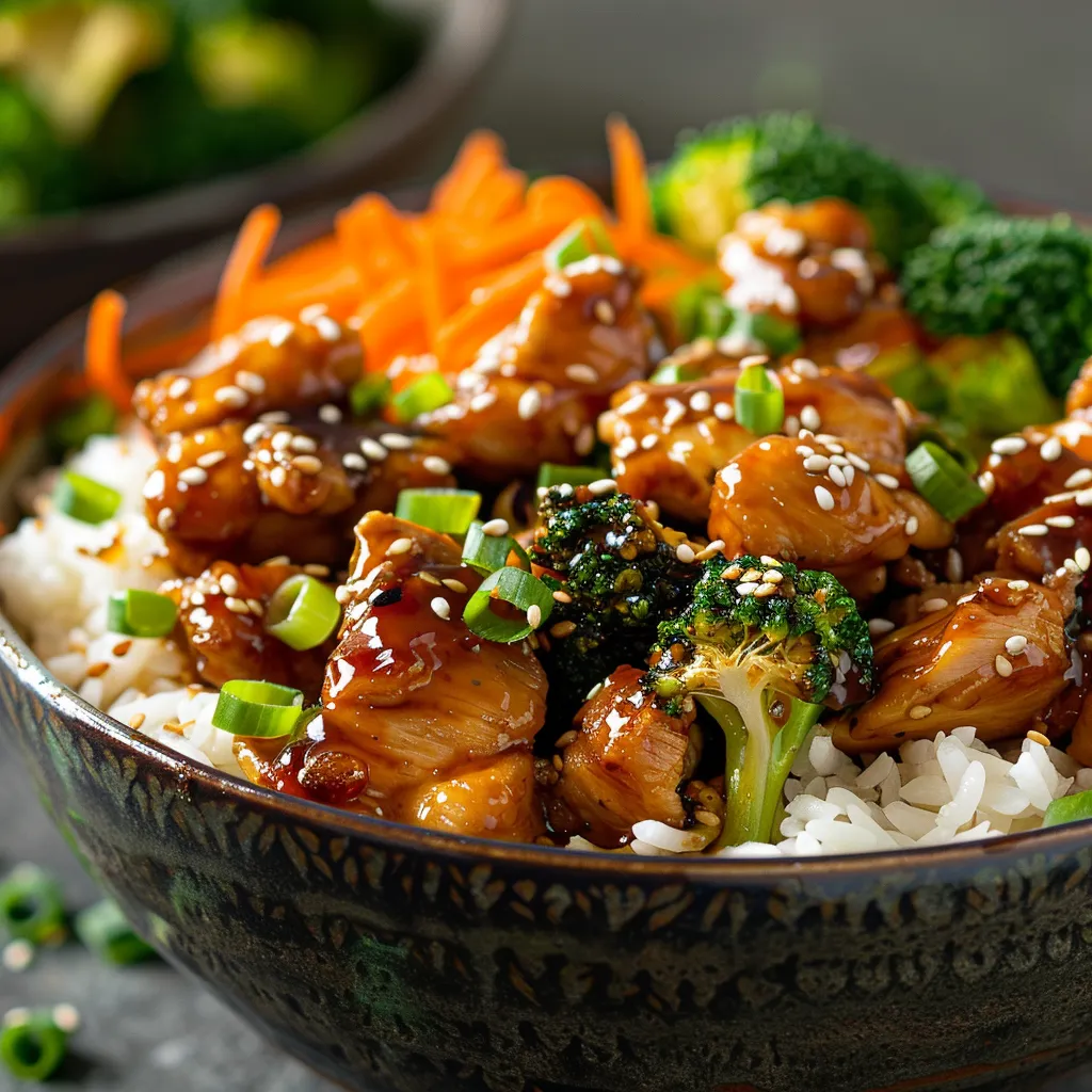 A vibrant bowl of Sticky Chicken Rice featuring jasmine rice, chicken thighs, and fresh vegetables.