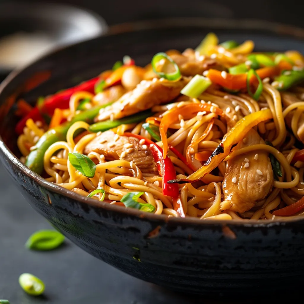 Delicious bowl of Chicken Lo Mein, featuring noodles, chicken slices, and vibrant vegetables.