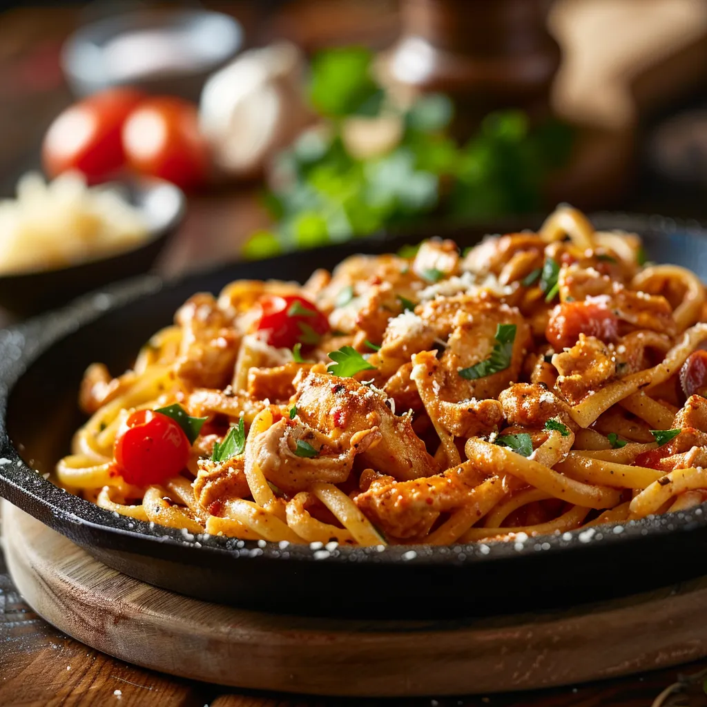 A warm bowl of delicious Cowboy Butter Chicken Linguine with a creamy sauce and grated Parmesan.