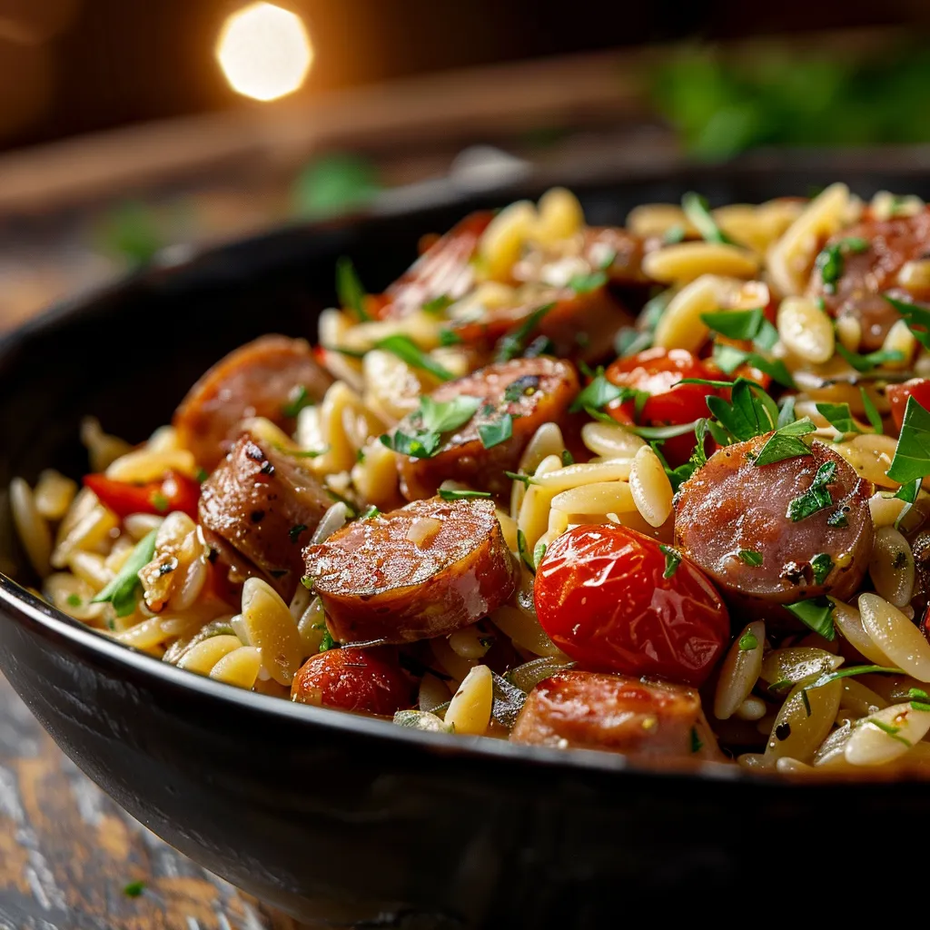 Detailed shot of a bowl of One Pot Garlic Butter Sausage and Orzo, highlighting vibrant colors and textures of the dish.