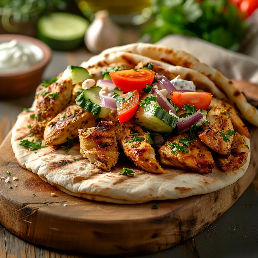 Side-lit professional photograph of a chicken gyros with vibrant toppings.