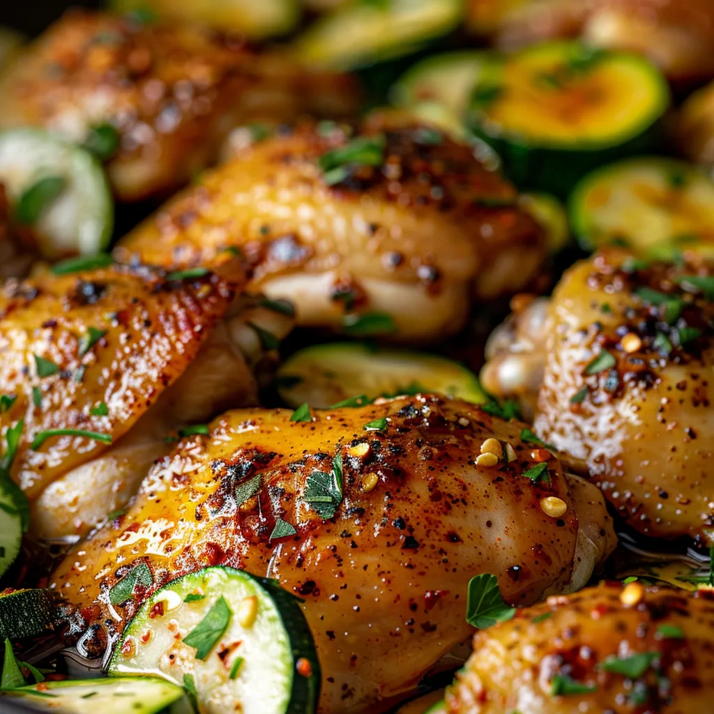 A vibrant dish of Easy Sheet Pan Hot Honey Chicken with zucchini, showcasing texture and color under warm lighting.