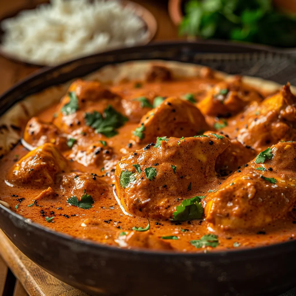 Delicious homemade butter chicken featuring tender chicken pieces in a rich orange sauce, with a soft focus background.