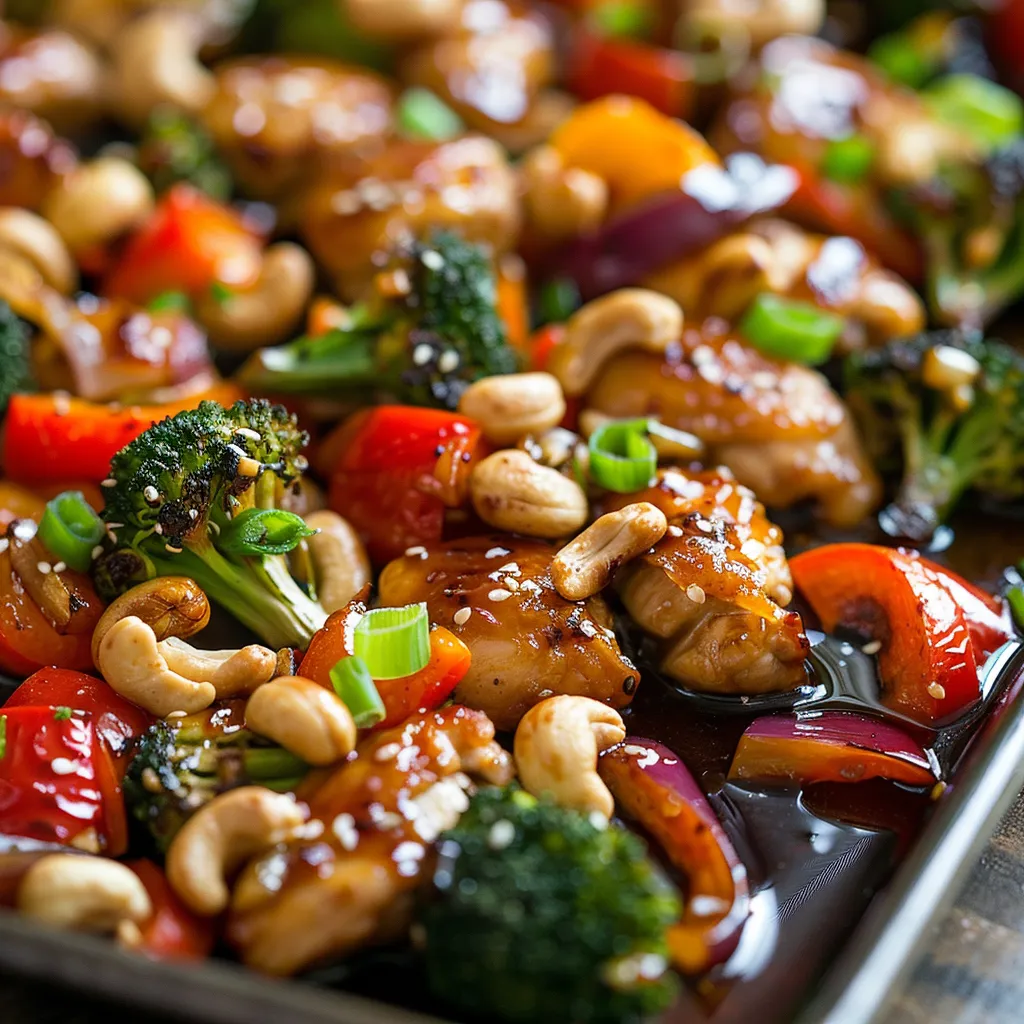 Delicious Easy Sheet Pan Cashew Chicken served with vibrant bell peppers and broccoli.