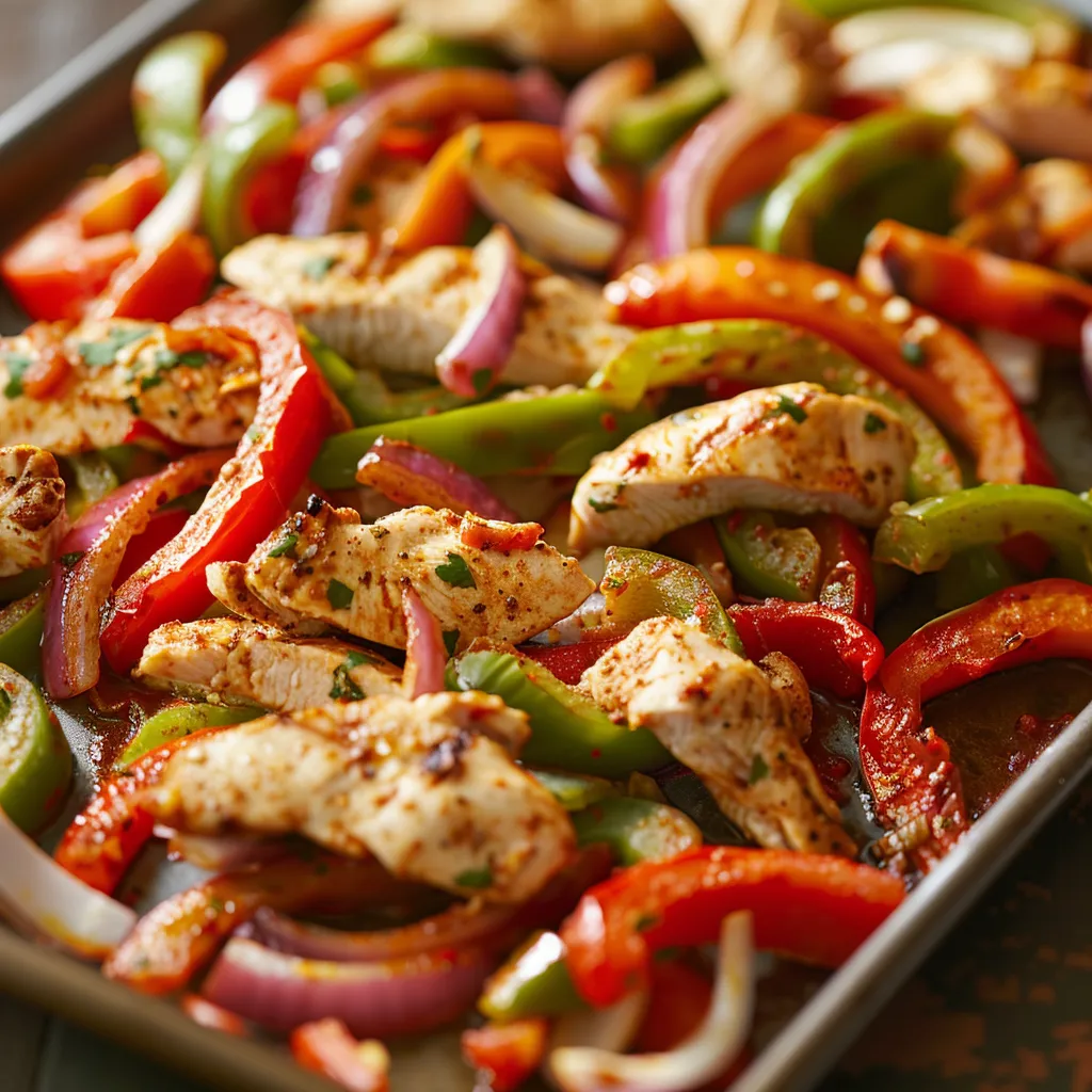 Plate of chicken fajitas featuring sliced chicken, bell peppers, and onions, with tortillas on the side.